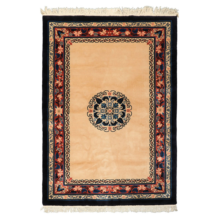 4x6 Light Peach, Caramel, Midnight Color Hand Knotted Chinese Art Deco Wool Traditional Oriental Rug
