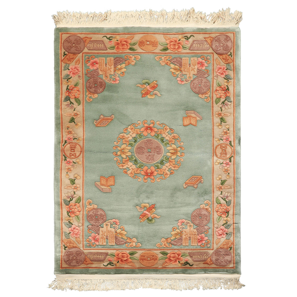 4x6 Celadon, Tan, Caramel Color Hand Knotted Chinese Art Deco Wool Traditional Oriental Rug