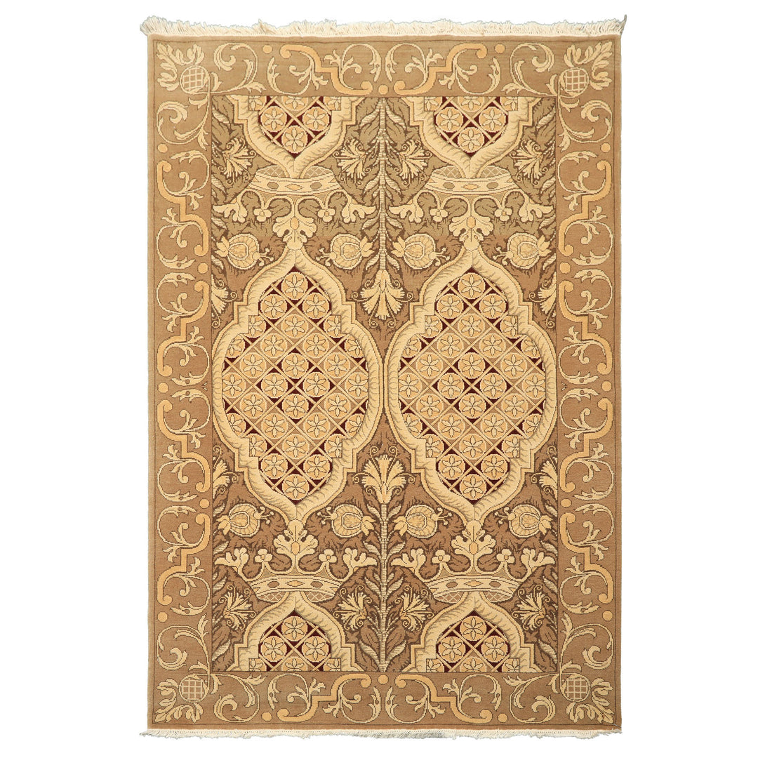 4x6 Moss, Beige, Light Gold Color Hand Knotted Art Deco Wool Arts &amp; Crafts Oriental Rug