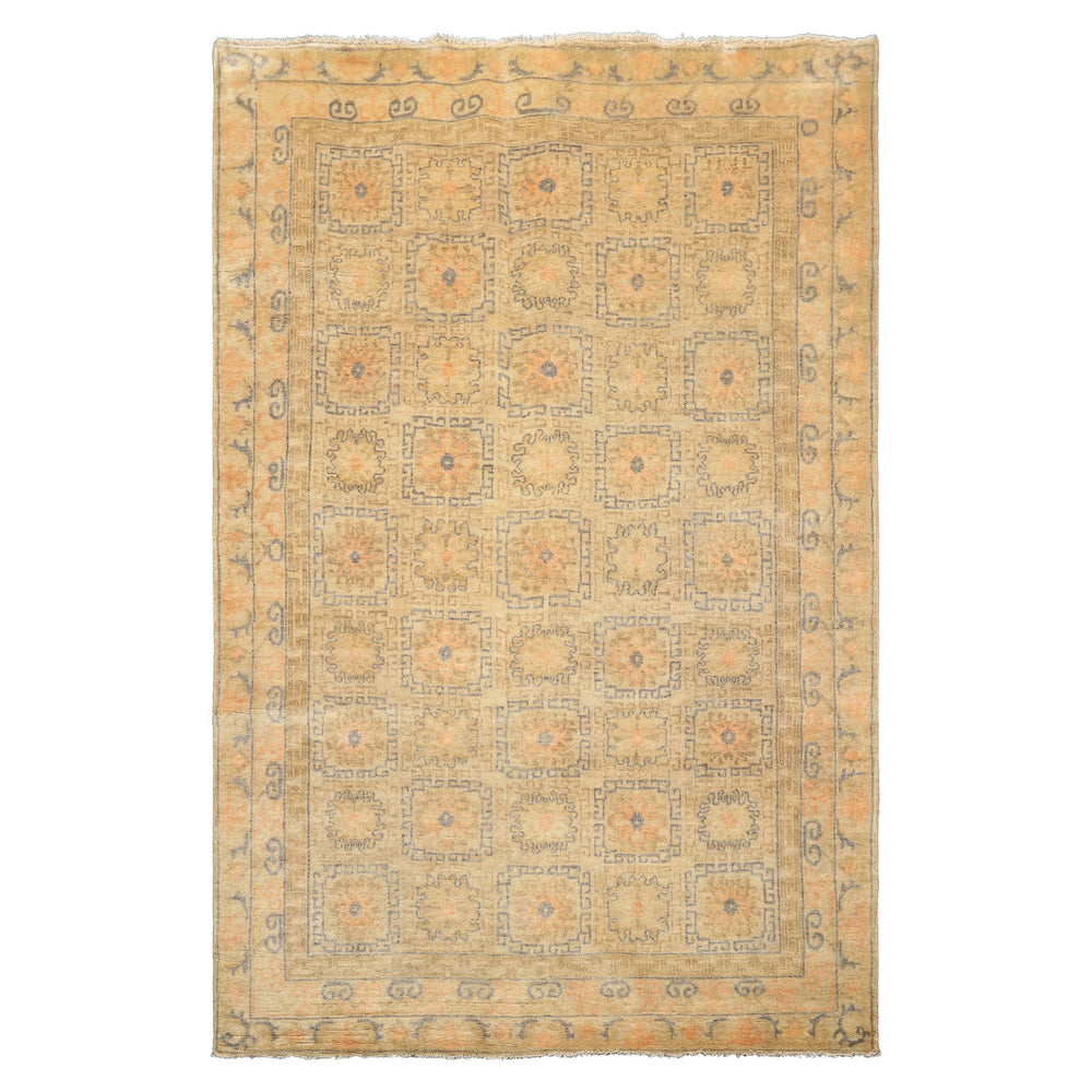 6x9 Beige, Peach, Slate Color Hand Knotted Oushak Wool Transitional Oriental Rug