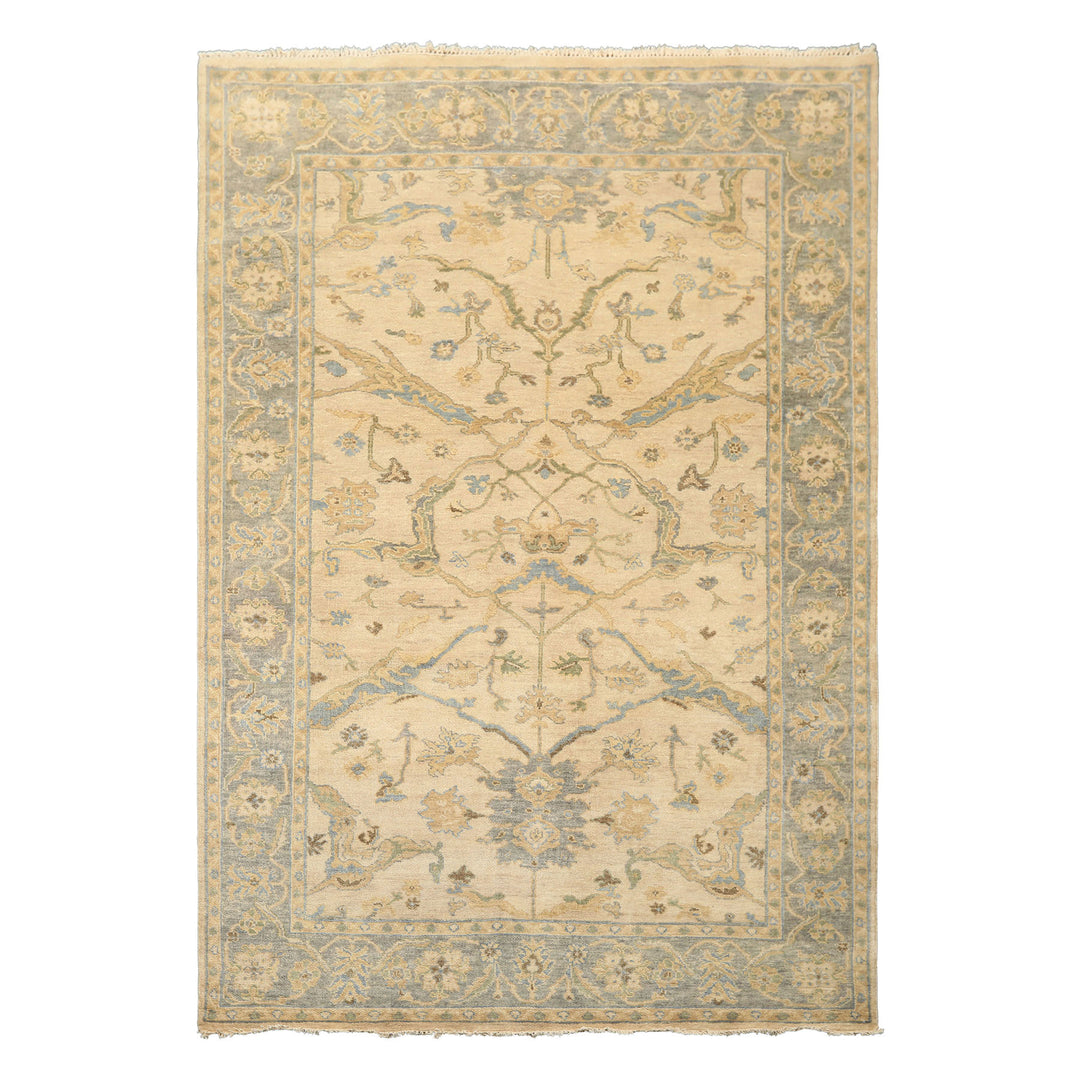 6x9 Beige, Aqua, Light Gold Color Hand Knotted Oushak Wool Traditional Oriental Rug