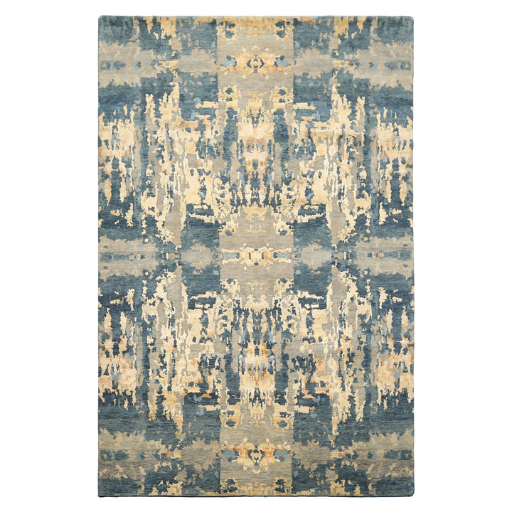 6x9 Gray, Aqua, Ivory Color Hand Knotted Indo Tibetan Wool & Bamboo Silk Modern & Contemporary Oriental Rug