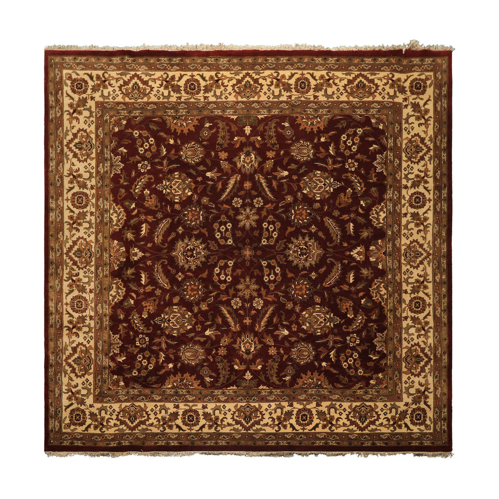 Square Maroon, Ivory, Moss Color Hand Knotted Agra Wool Traditional Oriental Rug