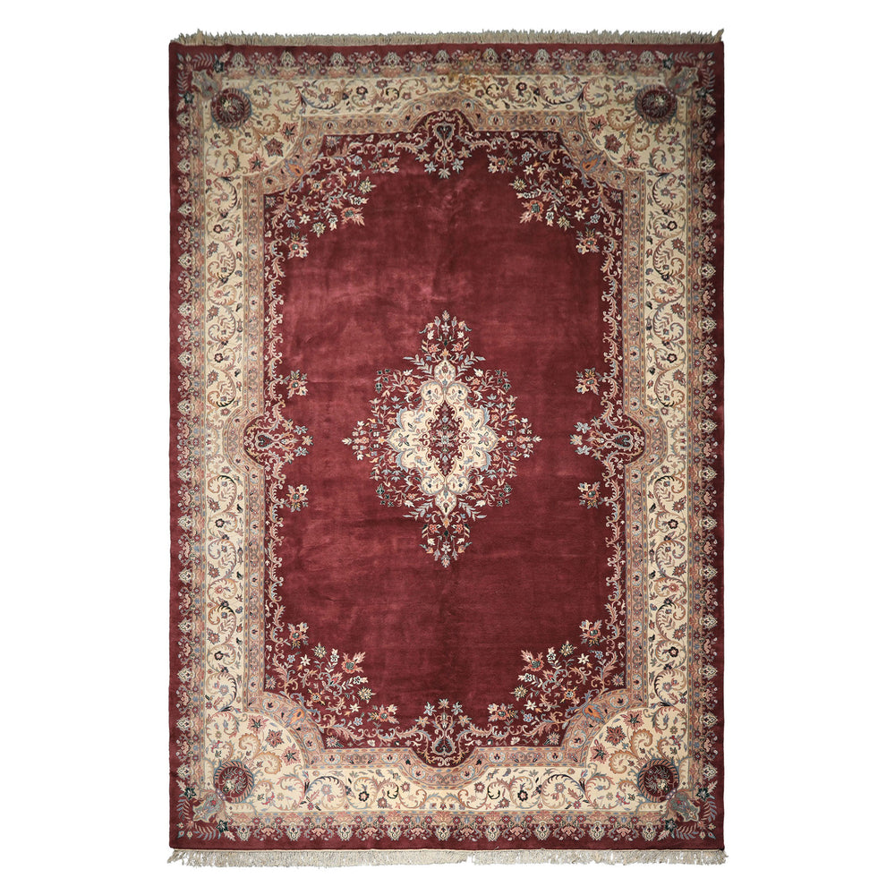 Oversize Plum, Ivory, Aqua Color Hand Knotted Indo Kerman Wool Traditional Oriental Rug