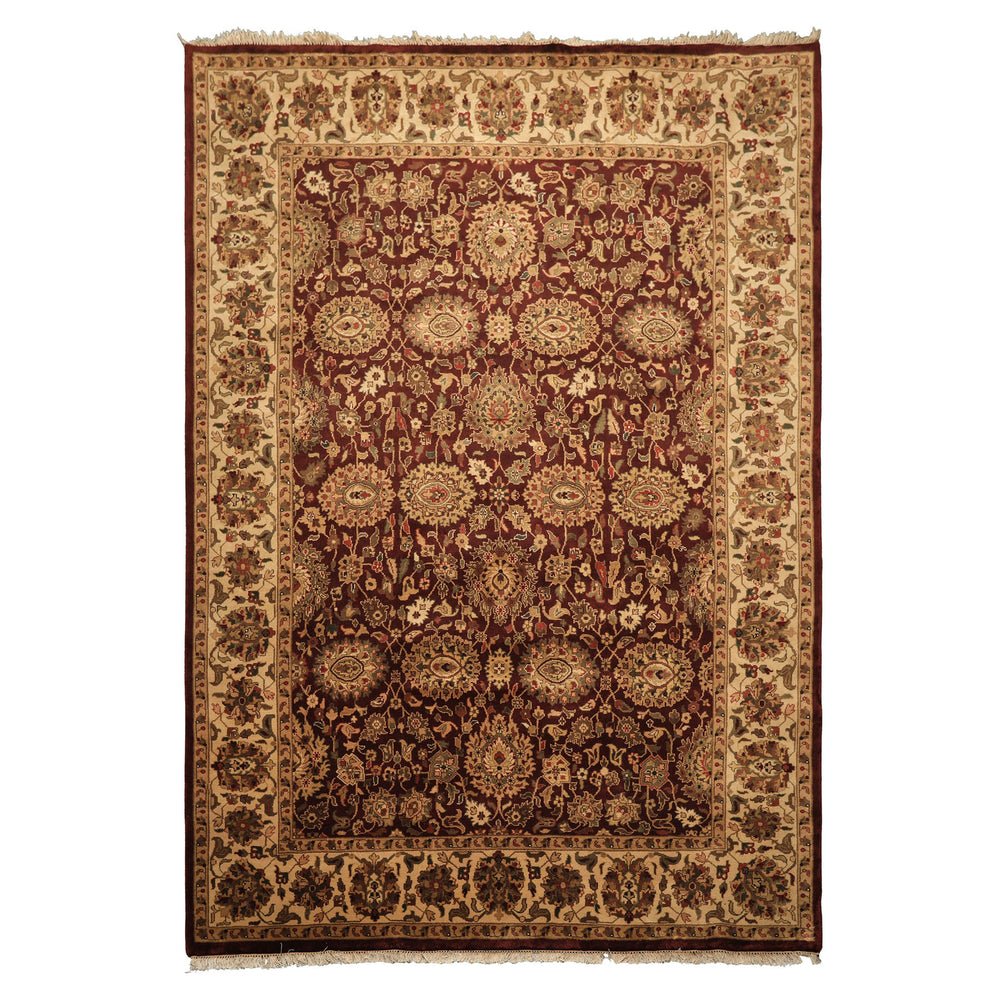 8x11 Maroon, Ivory, Green Color Hand Knotted Agra New Zealand Wool Traditional Oriental Rug