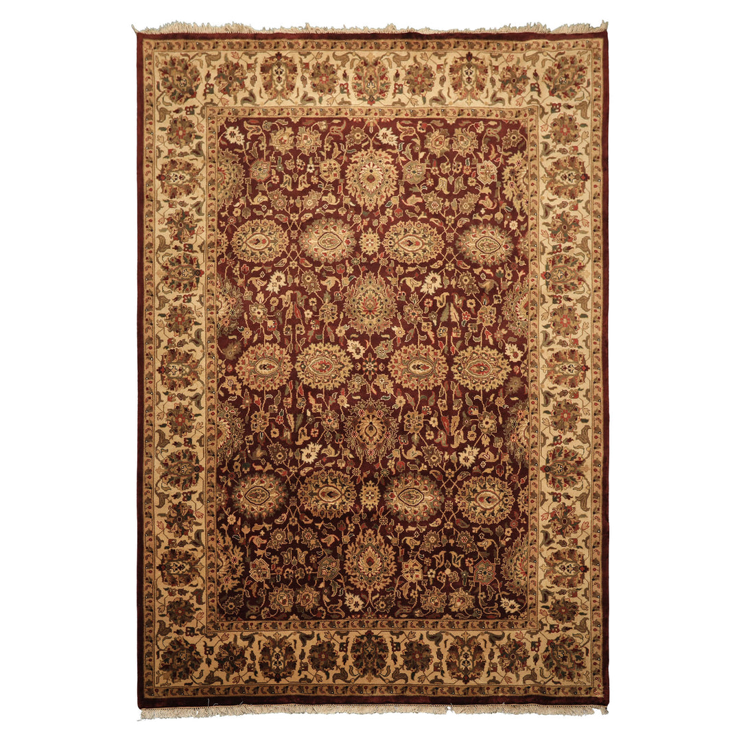8x11 Maroon, Ivory, Green Color Hand Knotted Agra New Zealand Wool Traditional Oriental Rug