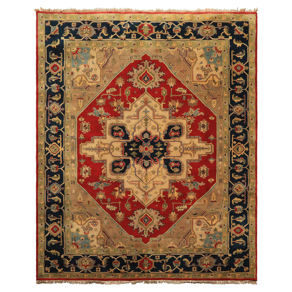 8x10 Red, Teal, Sage Color Hand Knotted Indo Heriz Wool Traditional Oriental Rug