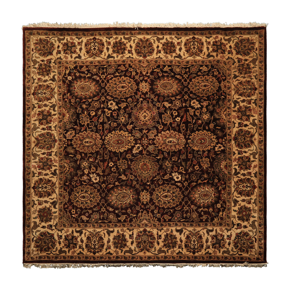 Square Chocolate, Ivory, Tan Color Hand Knotted Agra New Zealand Wool Traditional Oriental Rug