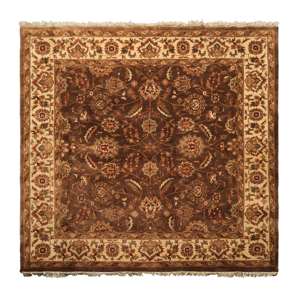 Square Brown, Ivory, Rust Color Hand Knotted Agra Wool Traditional Oriental Rug