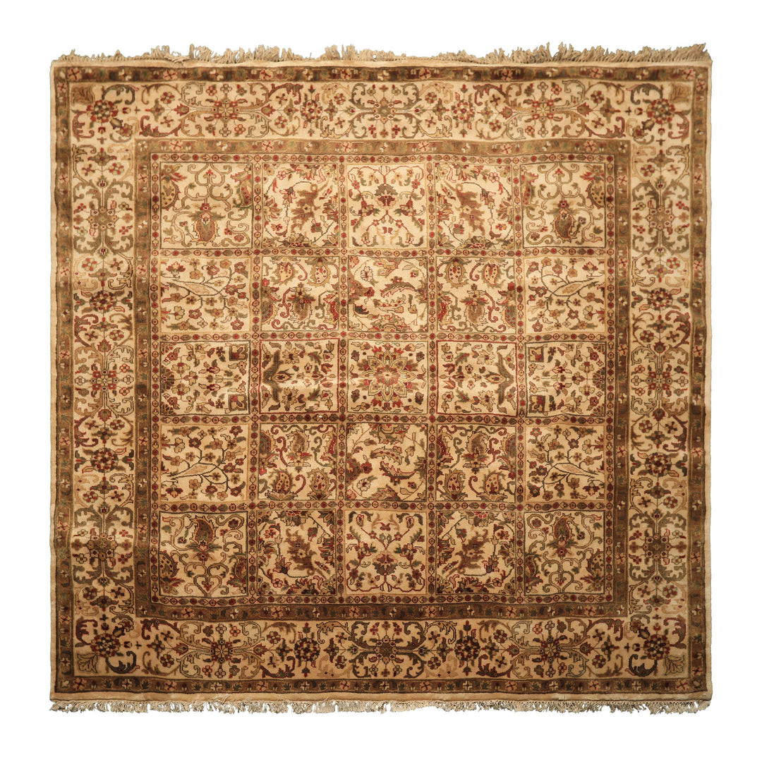 Square Ivory, Sage, Rust Color Hand Knotted Agra Wool Traditional Oriental Rug