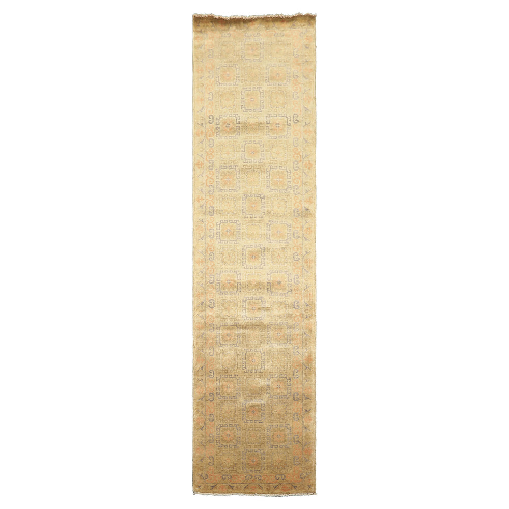 Runner Mint, Beige, Gray Color Hand Knotted Oushak Wool Transitional Oriental Rug