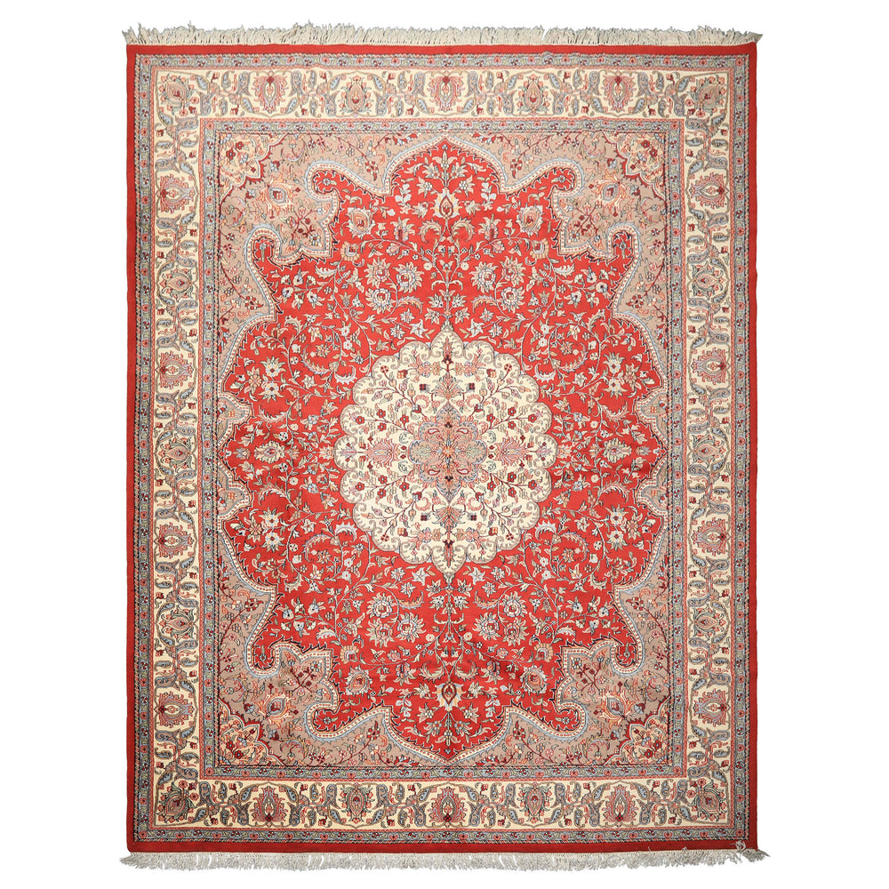 9x12 Orange, Ivory, Taupe Color Hand Knotted Indo Tabriz Wool Traditional Oriental Rug
