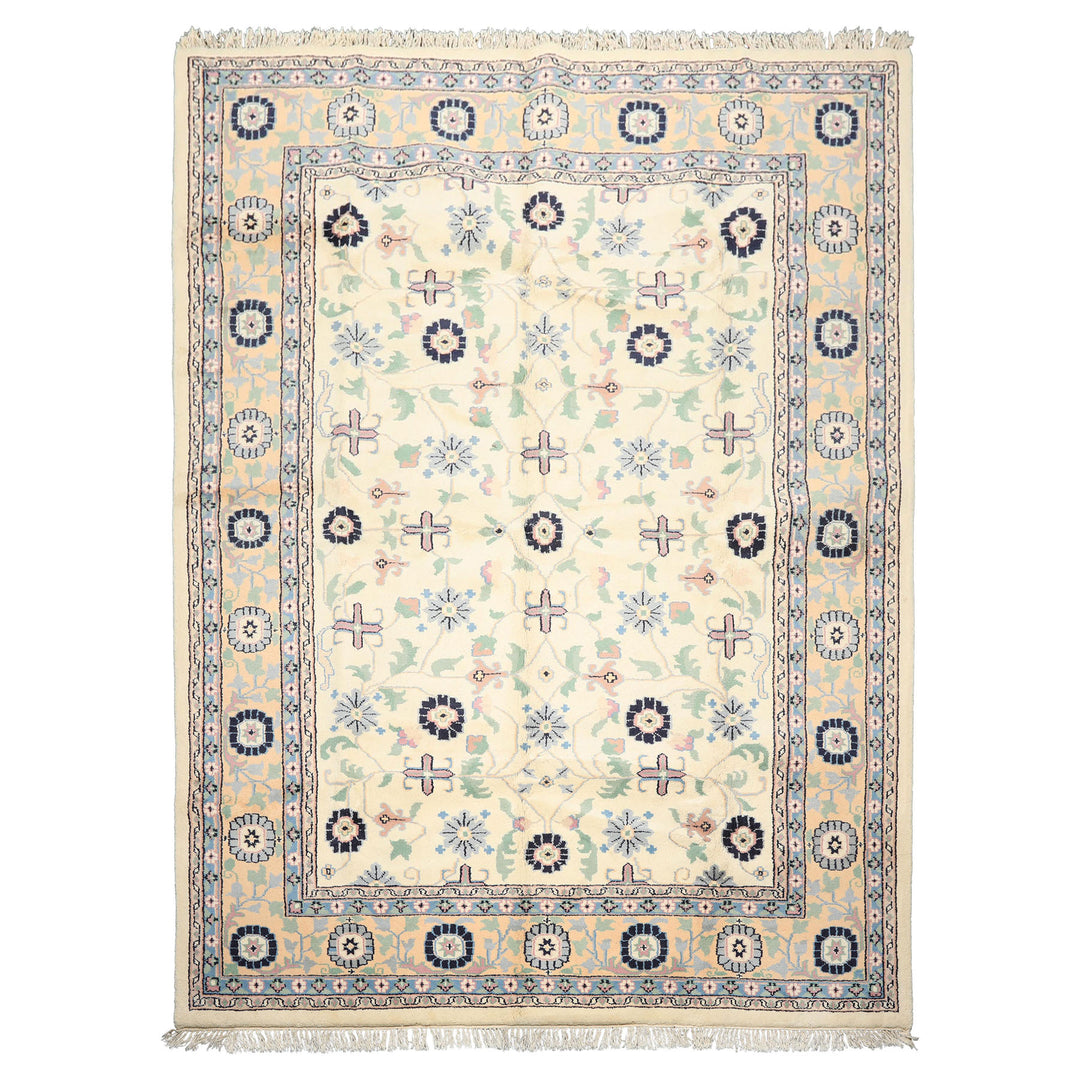 8x11 Ivory, Peach, Blue Color Hand Knotted Indo Kashan Wool Traditional Oriental Rug