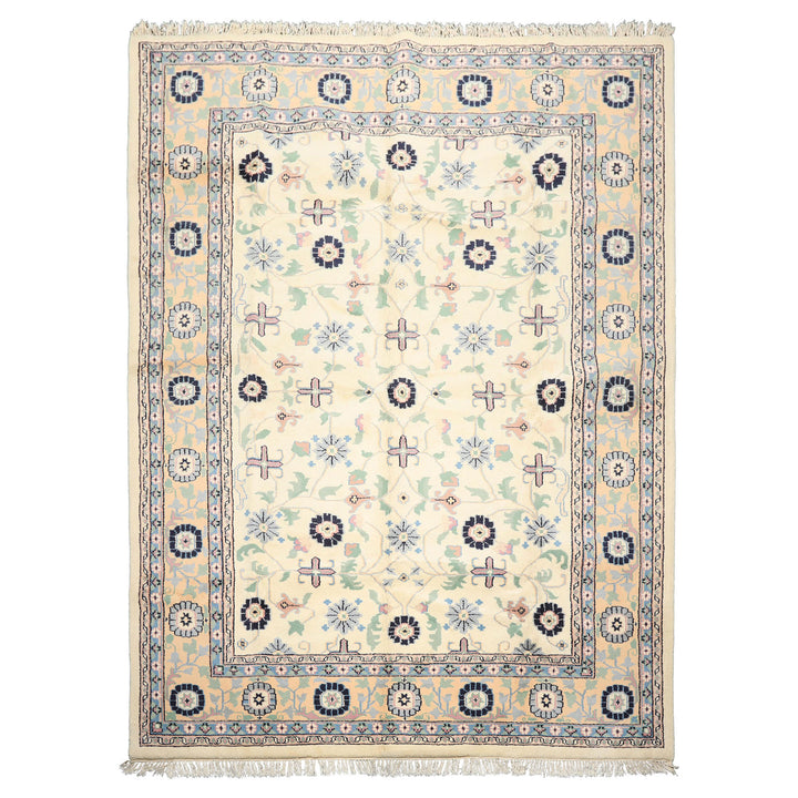 8x11 Ivory, Peach, Blue Color Hand Knotted Indo Kashan Wool Traditional Oriental Rug
