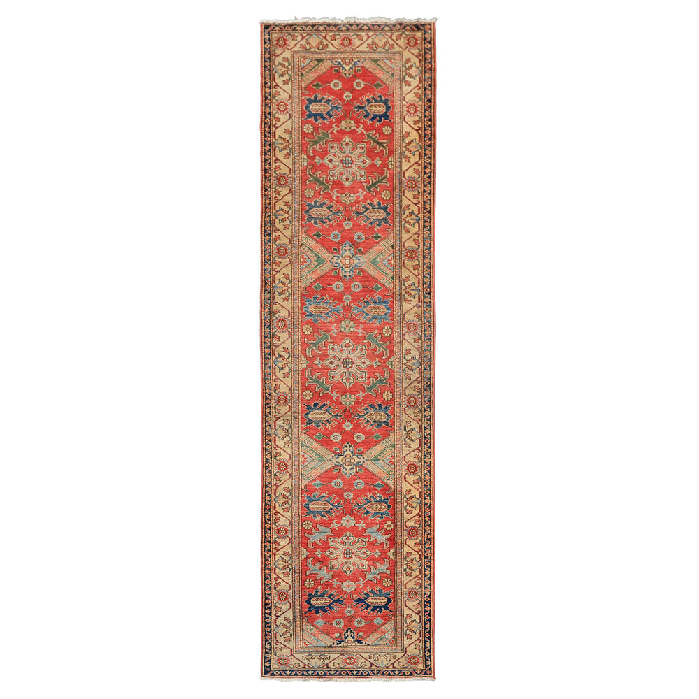 Runner Coral, Moss, Navy Color Hand Knotted Kazak Wool Traditional Oriental Rug