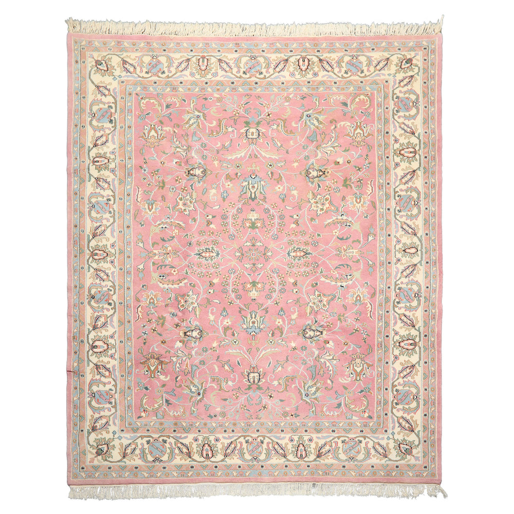 8x10 Dusty Rose, Ivory, Aqua Color Hand Knotted Indo Kashan Wool Traditional Oriental Rug