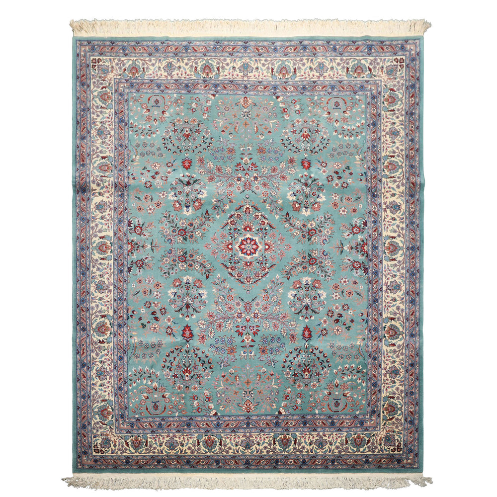 8x10 Turquoise, Ivory, Red Color Hand Knotted Indo Sarouk New Zealand Wool Traditional Oriental Rug
