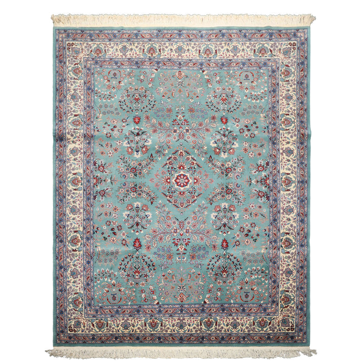 8x10 Turquoise, Ivory, Red Color Hand Knotted Indo Sarouk New Zealand Wool Traditional Oriental Rug