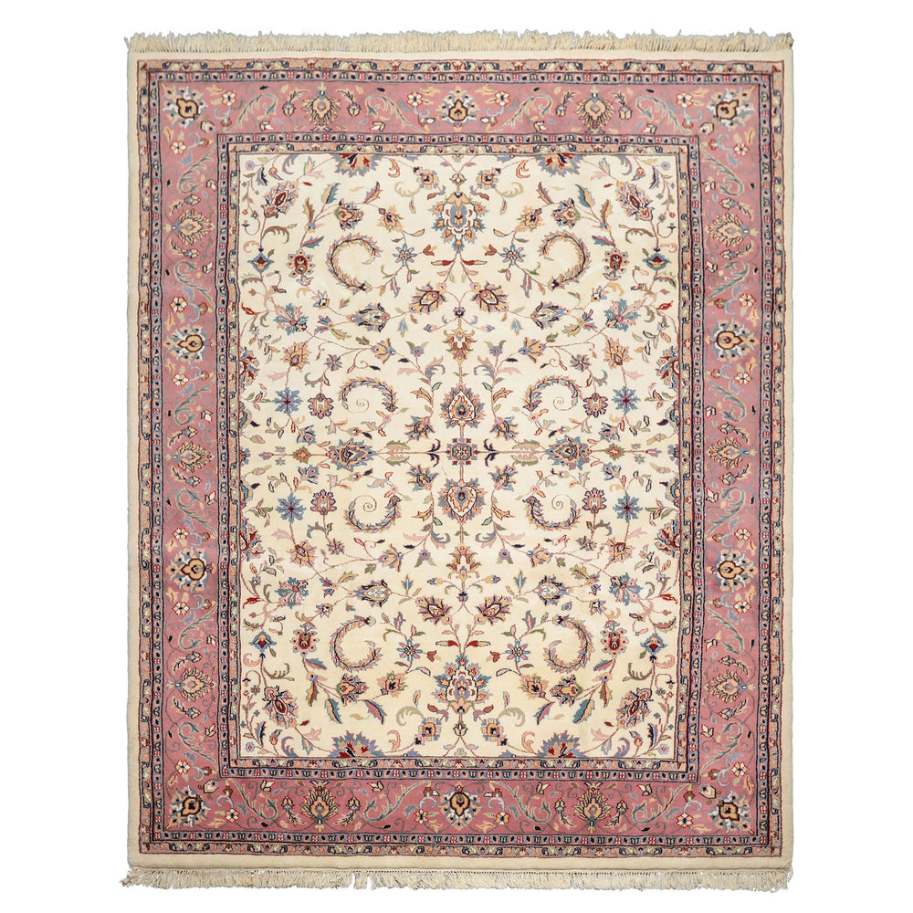 8x10 Ivory, Dusty Rose, Sage Color Hand Knotted Indo Kashan Wool Traditional Oriental Rug