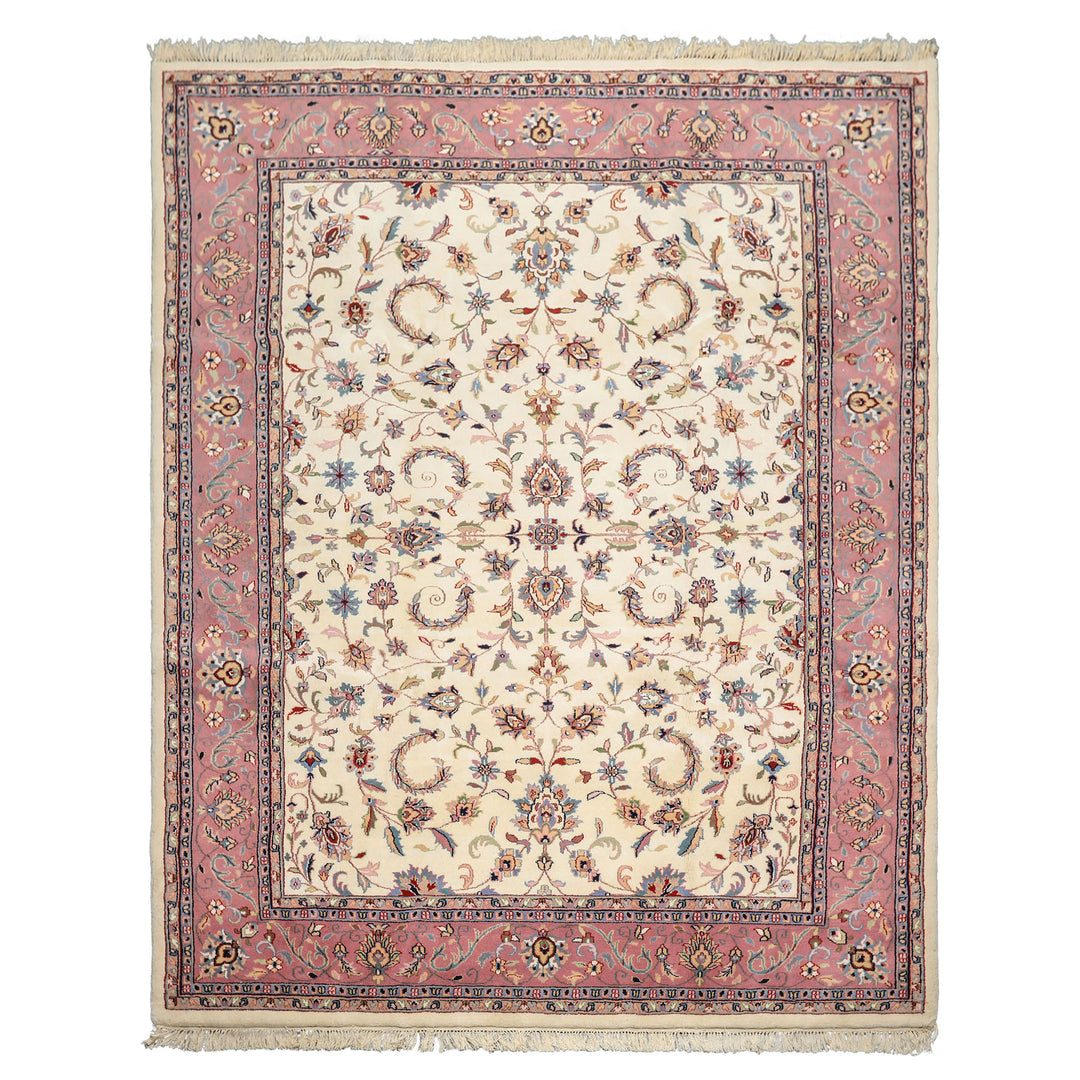 8x10 Ivory, Dusty Rose, Sage Color Hand Knotted Indo Kashan Wool Traditional Oriental Rug