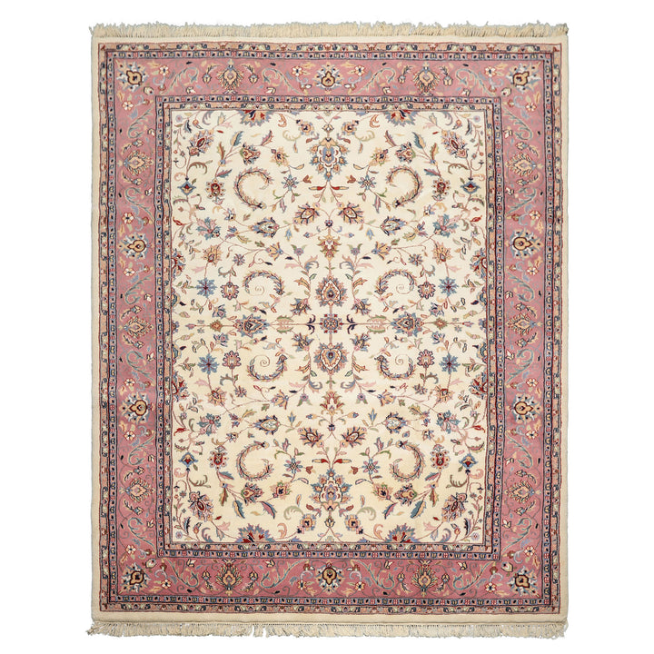 8x10 Ivory, Dusty Rose, Sage Color Hand Knotted Indo Kashan Wool Traditional Oriental Rug