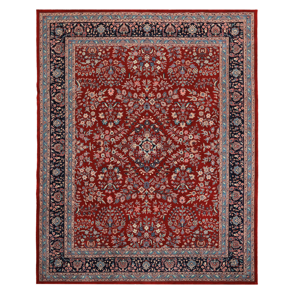 8x10 Red, Navy, Aqua Color Hand Knotted Indo Sarouk New Zealand Wool Traditional Oriental Rug
