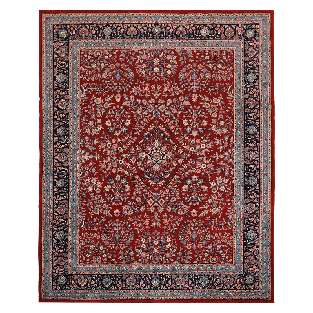 8x10 Red, Navy, Aqua Color Hand Knotted Indo Sarouk New Zealand Wool Traditional Oriental Rug