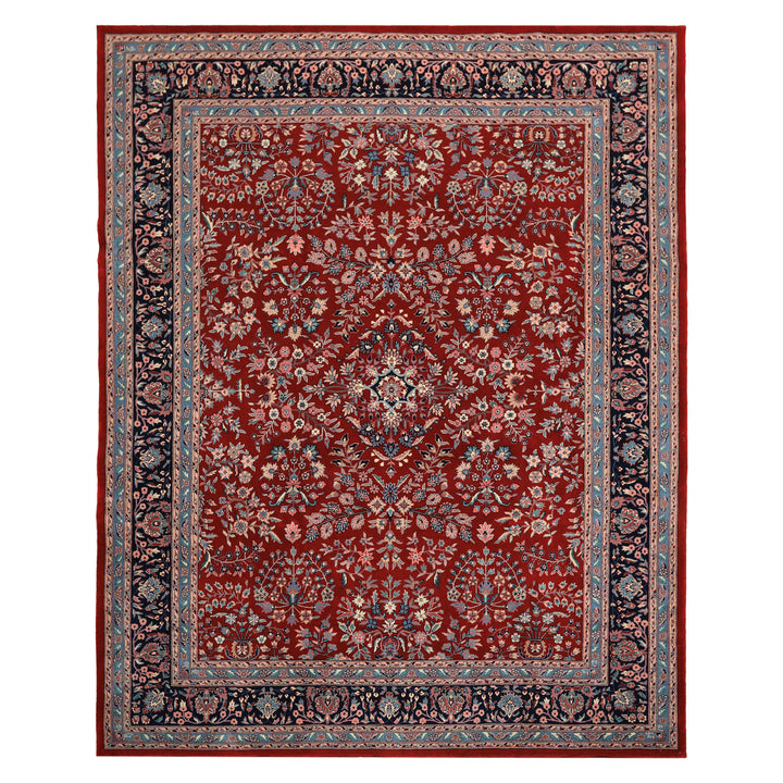 8x10 Red, Navy, Aqua Color Hand Knotted Indo Sarouk New Zealand Wool Traditional Oriental Rug