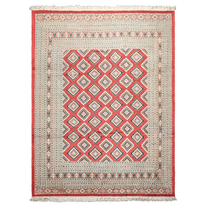 8x11 Coral, Ivory, Charcoal Color Hand Knotted Bokhara Wool Traditional Oriental Rug
