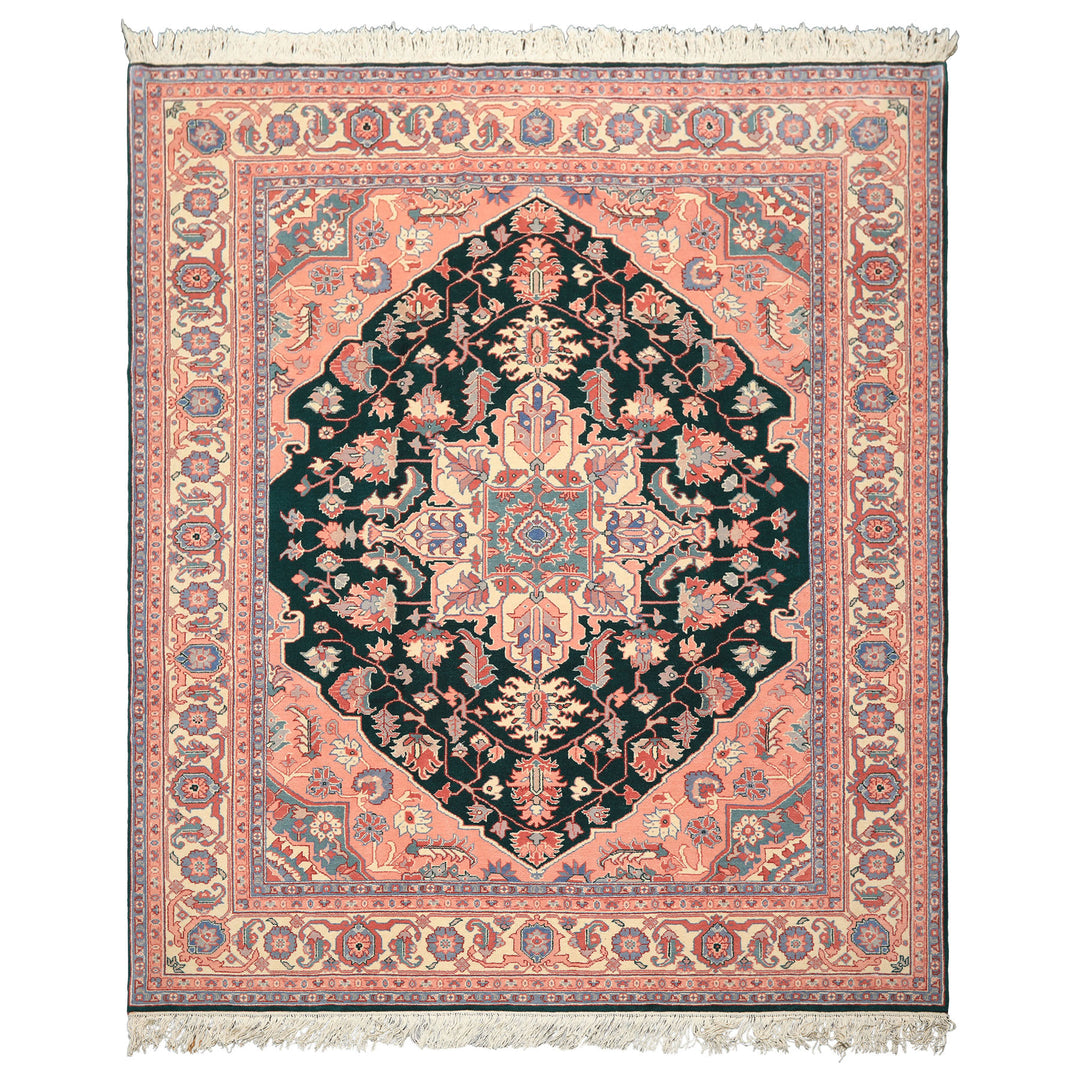 8x10 Emerald, Blush, Ivory Color Hand Knotted Indo Heriz Wool Traditional Oriental Rug