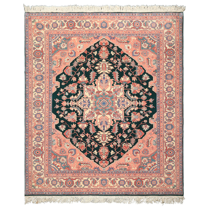 8x10 Emerald, Blush, Ivory Color Hand Knotted Indo Heriz Wool Traditional Oriental Rug