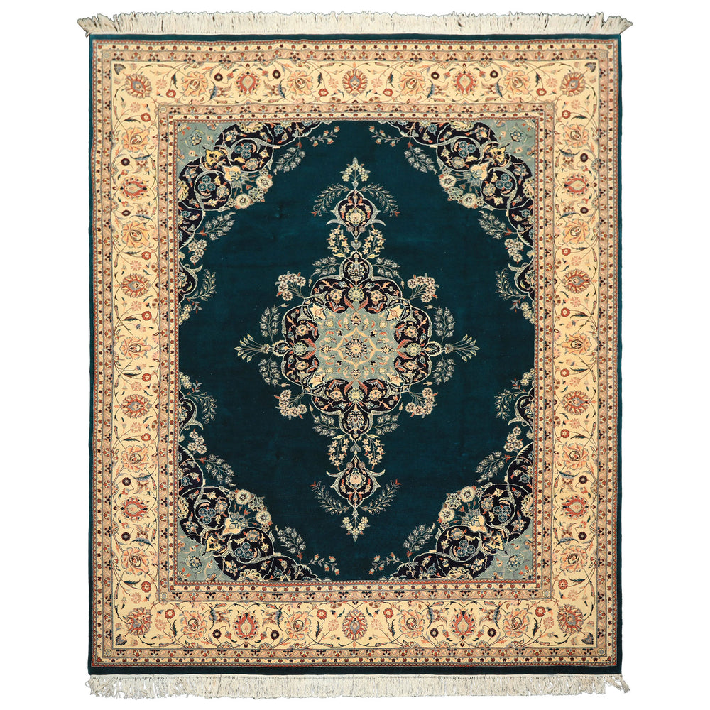 8x10 Teal, Ivory, Navy Color Hand Knotted Pak Persian New Zealand Wool Traditional Oriental Rug