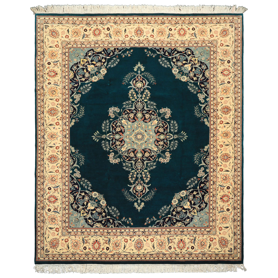 8x10 Teal, Ivory, Navy Color Hand Knotted Pak Persian New Zealand Wool Traditional Oriental Rug
