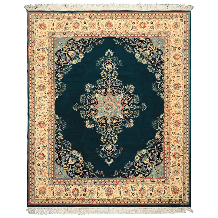 8x10 Teal, Ivory, Navy Color Hand Knotted Pak Persian New Zealand Wool Traditional Oriental Rug