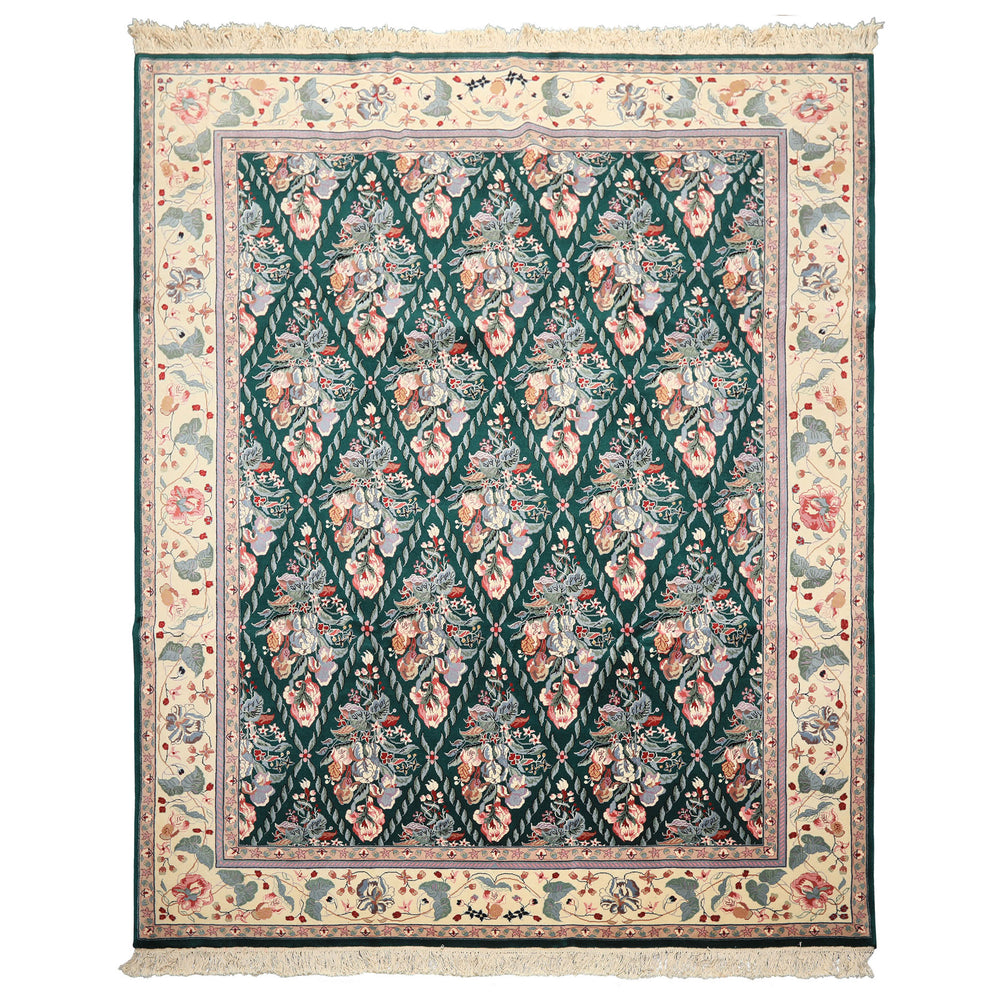 7x8 Emerald, Ivory, Pink Color Hand Knotted Pak Persian New Zealand Wool Traditional Oriental Rug