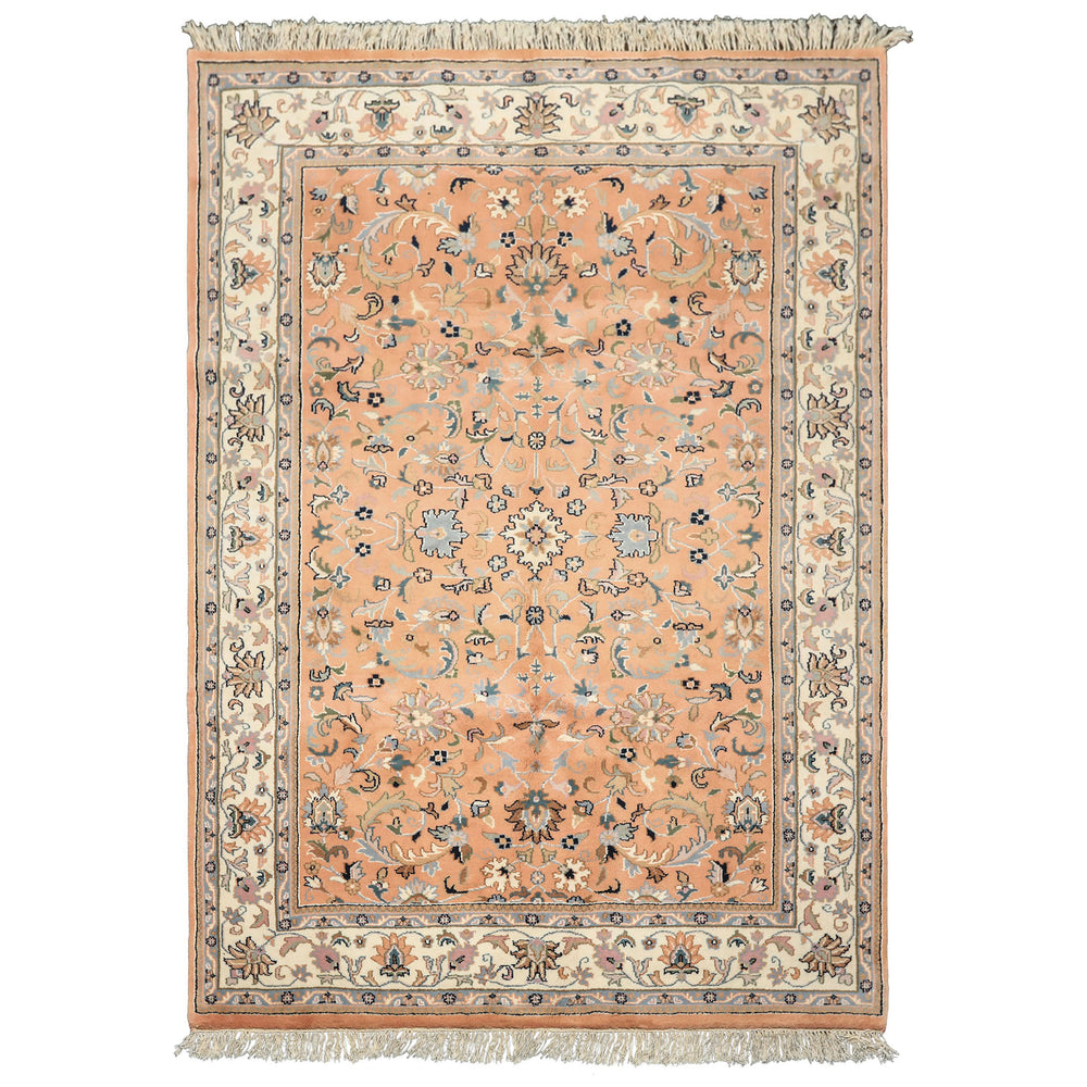 6x9 Peach, Ivory, Blue Color Hand Knotted Indo Kashan Wool Traditional Oriental Rug