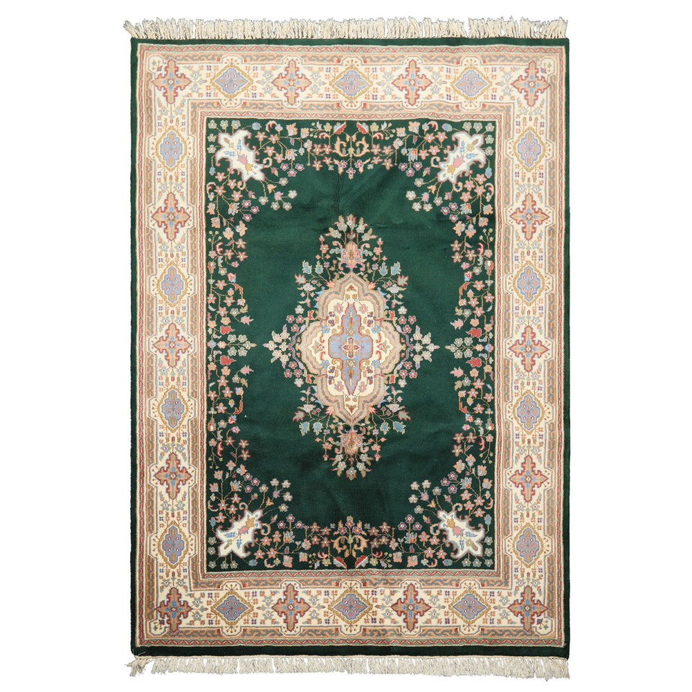 6x9 Green, Ivory, Rose Color Hand Knotted Indo Kerman Wool Traditional Oriental Rug