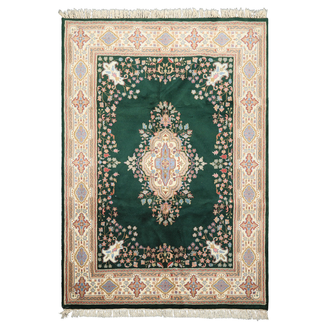 6x9 Green, Ivory, Rose Color Hand Knotted Indo Kerman Wool Traditional Oriental Rug