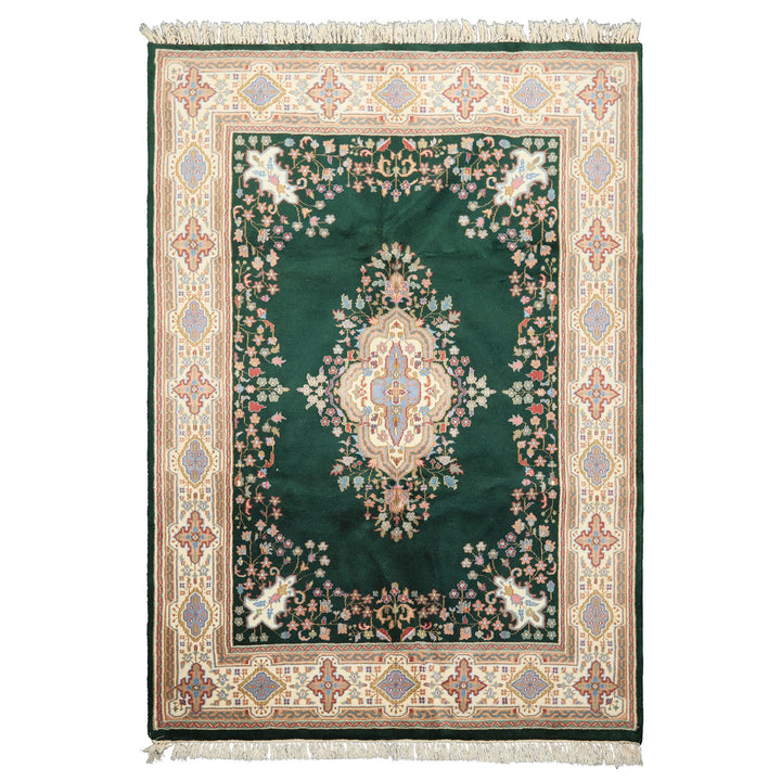 6x9 Green, Ivory, Rose Color Hand Knotted Indo Kerman Wool Traditional Oriental Rug