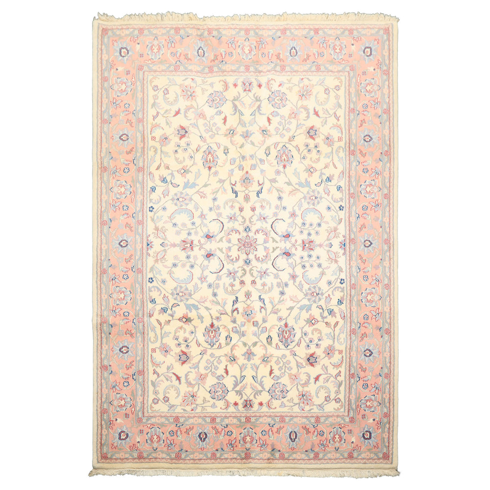 6x9 Ivory, Blush, Aqua Color Hand Knotted Indo Kashan Wool Traditional Oriental Rug