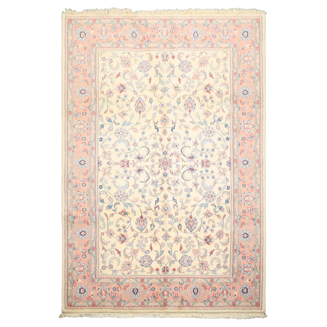 6x9 Ivory, Blush, Aqua Color Hand Knotted Indo Kashan Wool Traditional Oriental Rug