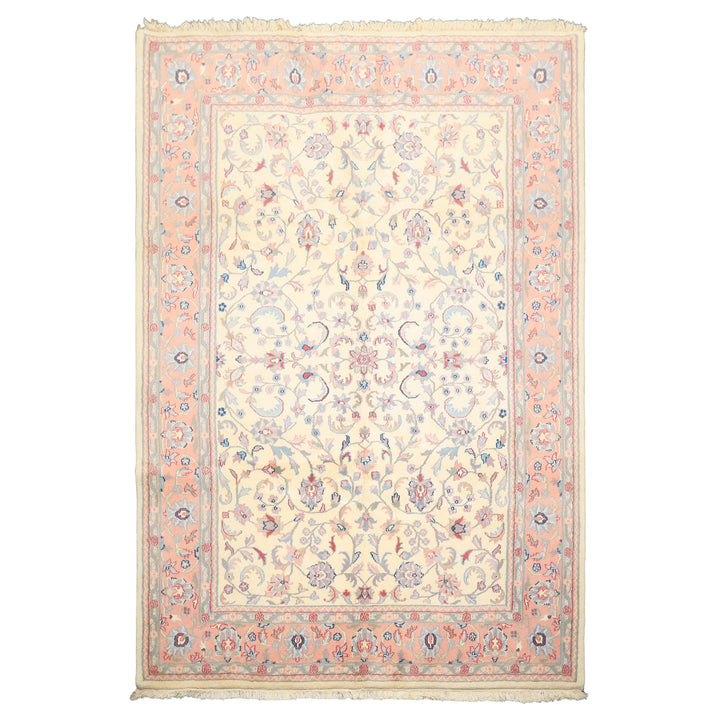 6x9 Ivory, Blush, Aqua Color Hand Knotted Indo Kashan Wool Traditional Oriental Rug