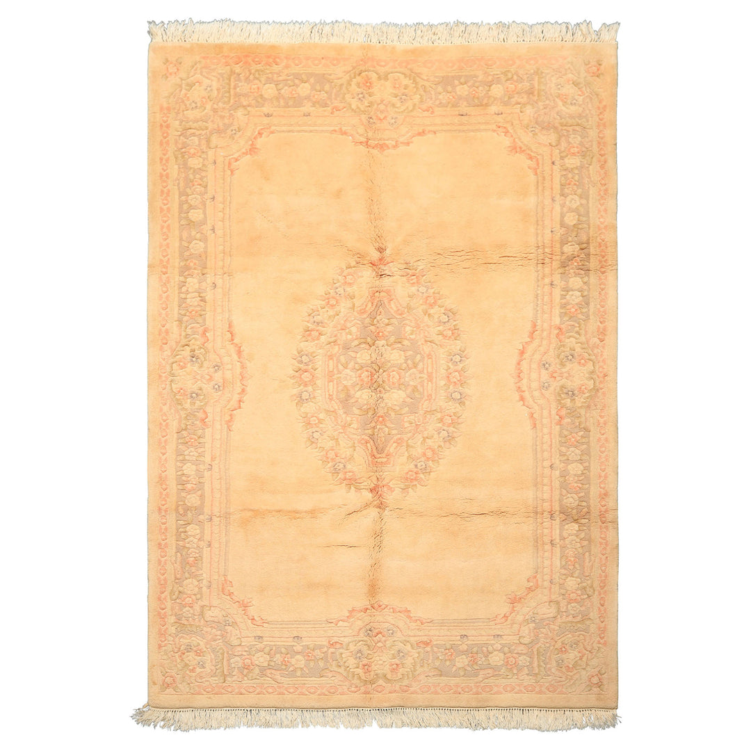 6x9 Tan, Blush, Taupe Color Hand Knotted Indo Kerman Wool Traditional Oriental Rug