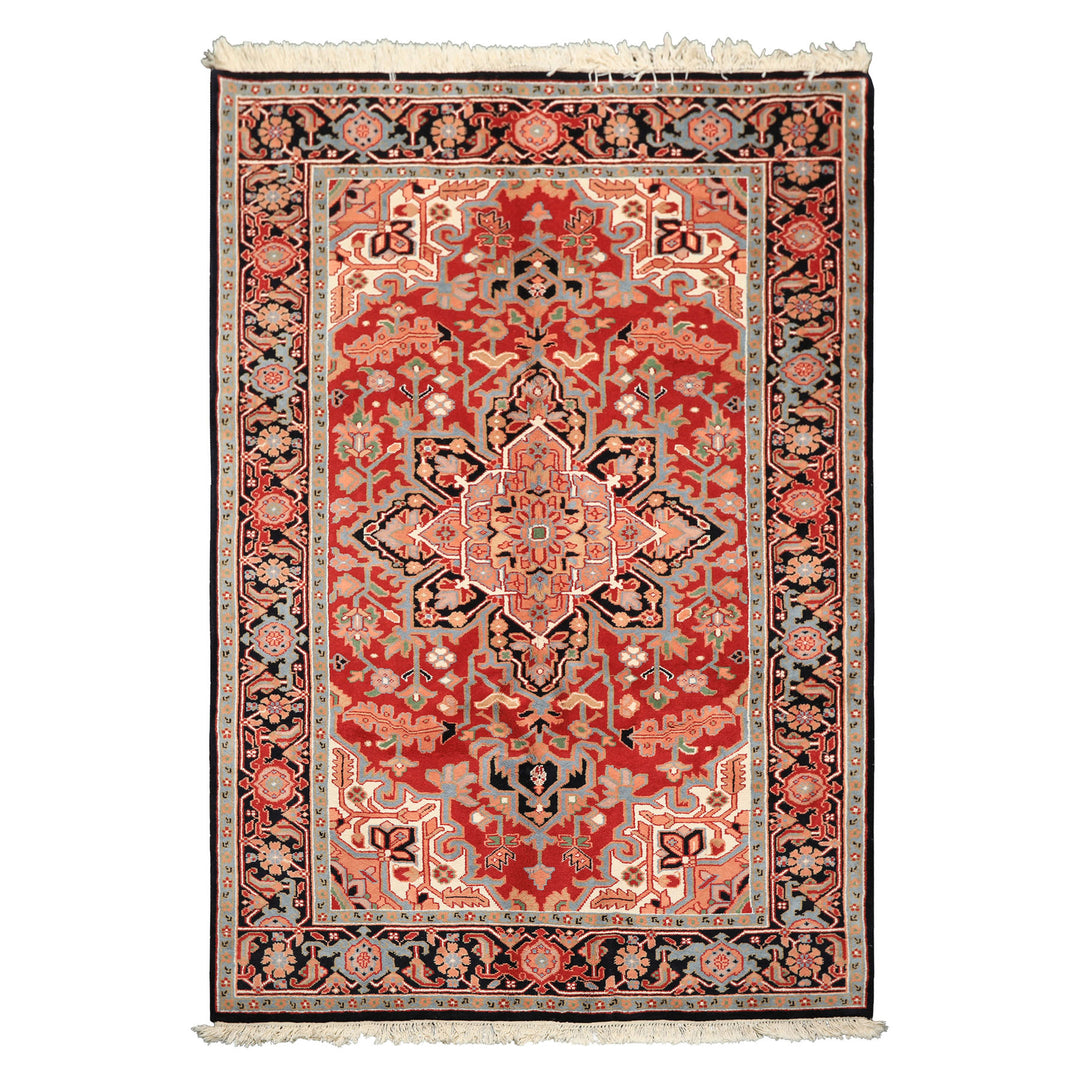 6x9 Red, Aqua, Blush Color Hand Knotted Indo Heriz Wool Traditional Oriental Rug