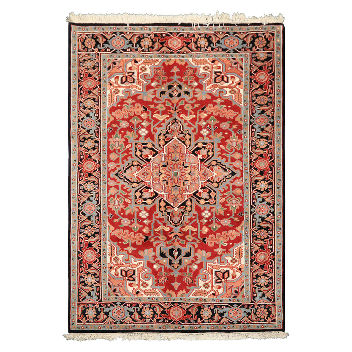 6x9 Red, Aqua, Blush Color Hand Knotted Indo Heriz Wool Traditional Oriental Rug