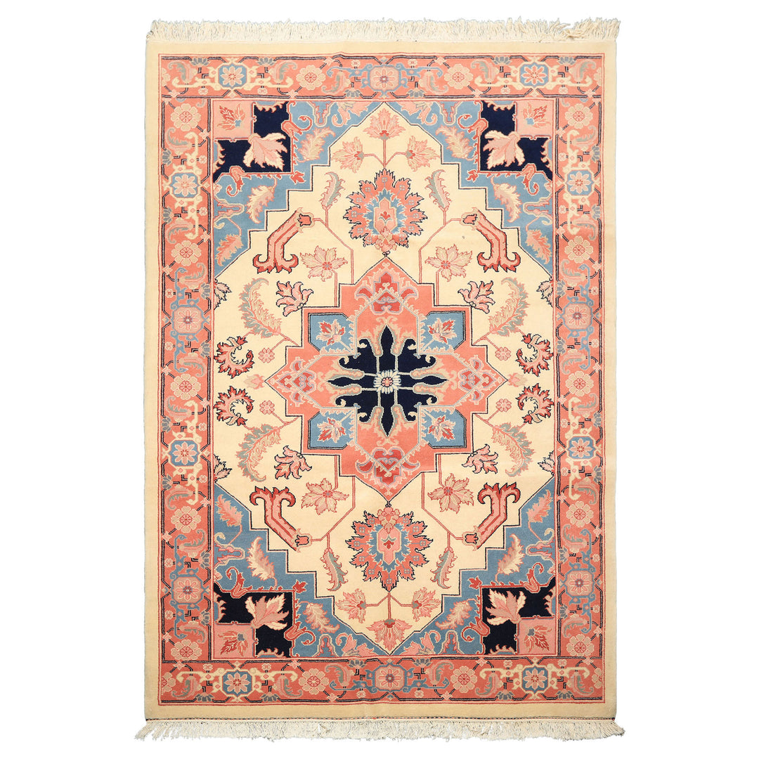 6x9 Ivory, Rose, Navy Color Hand Knotted Romanian Serapi Wool Traditional Oriental Rug