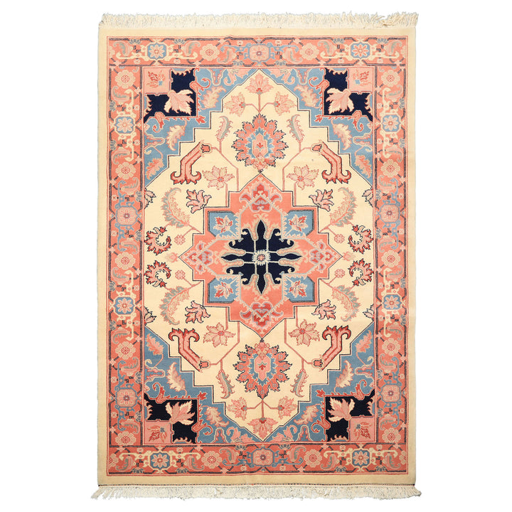 6x9 Ivory, Rose, Navy Color Hand Knotted Romanian Serapi Wool Traditional Oriental Rug