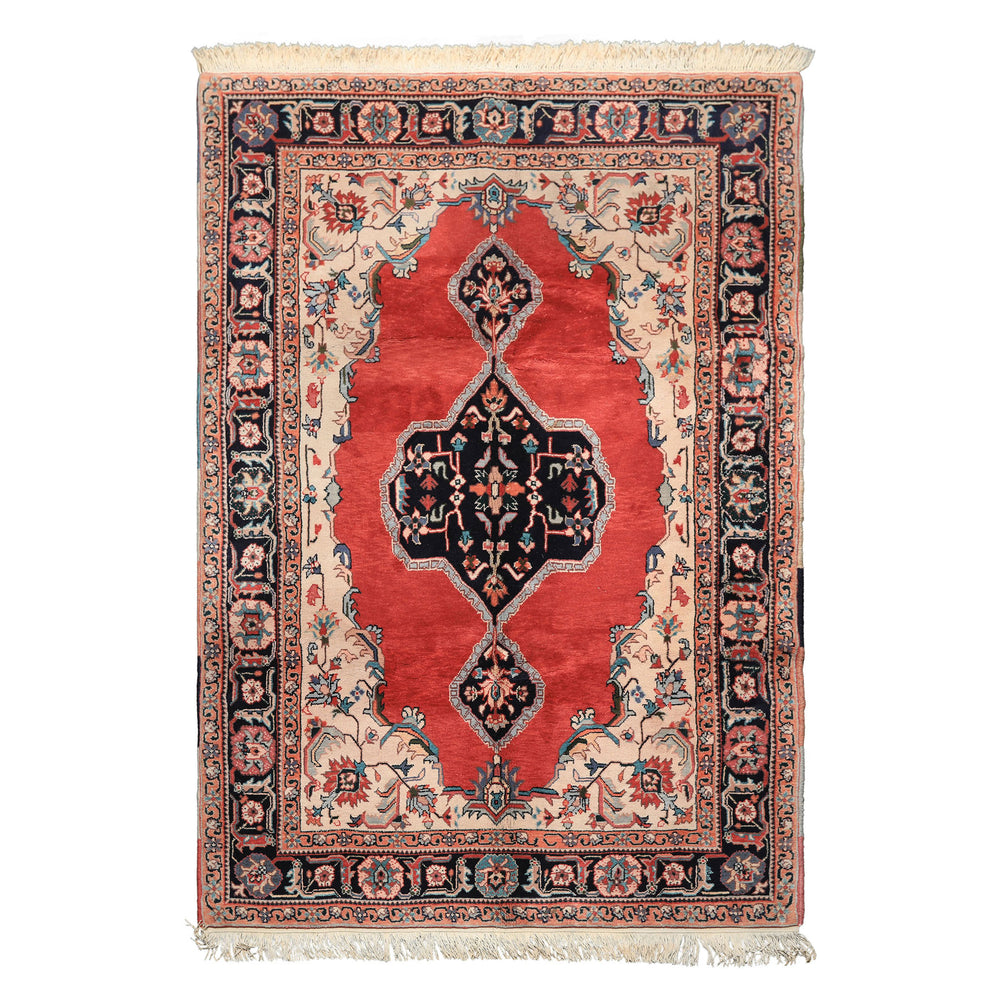 6x9 Ruby Red, Beige, Aqua Color Hand Knotted Indo Tabriz Wool Traditional Oriental Rug
