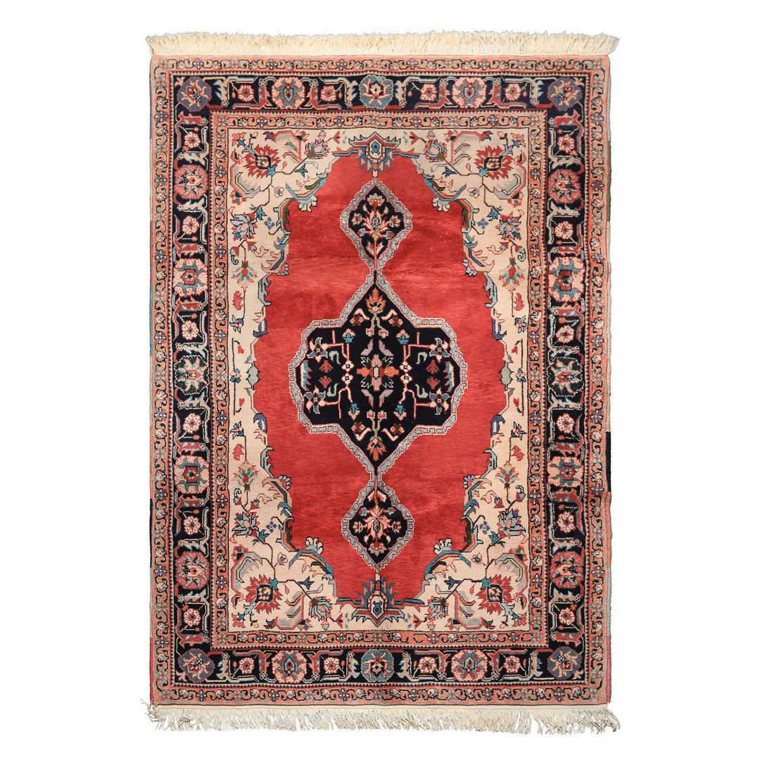 6x9 Ruby Red, Beige, Aqua Color Hand Knotted Indo Tabriz Wool Traditional Oriental Rug