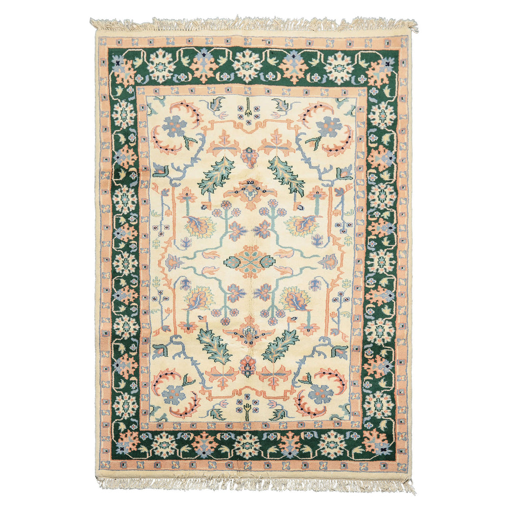6x9 Ivory, Green, Peach Color Hand Knotted Indo Heriz Wool Traditional Oriental Rug
